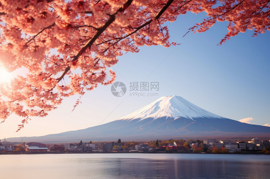 蓝天下的雪山湖泊图片