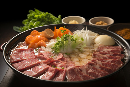 美味的猪肉蔬菜火锅图片