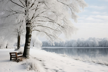 公园的雪地湖面图片