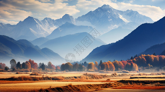 远处的树林远处的高山背景