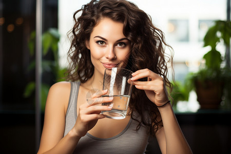 早上喝水的女人背景图片