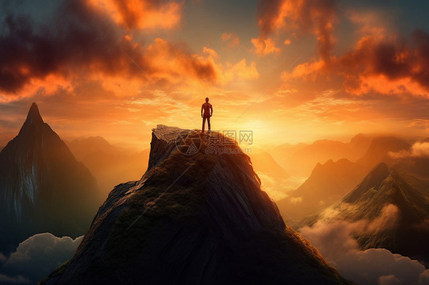 夕阳照在山顶男人身上图片