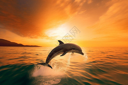 海豚在金色海洋中跃出水面图片