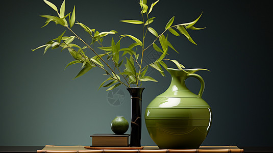 竹子和绿色花瓶图片