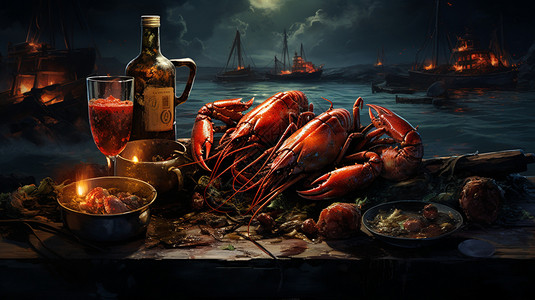 海鲜自助晚餐美味的大龙虾插画