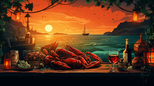 海鲜自助晚餐美味的龙虾大餐插画