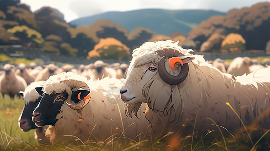 羊养殖一群羊在草地上插画