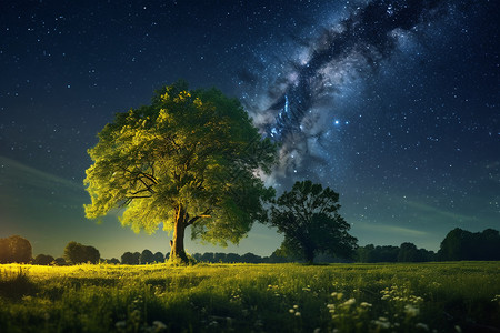 夜空中的橡树与星星背景图片