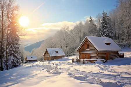 圣诞木屋冬日乡村美景背景