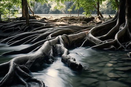 黑色土地树根水墨插画