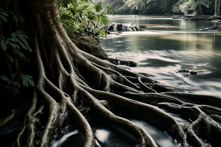 黑色土地河流中的树根插画