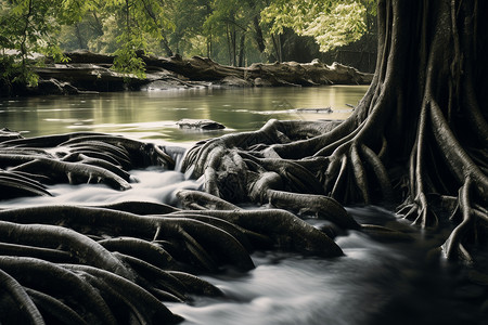 黑色土地水中的树根插画