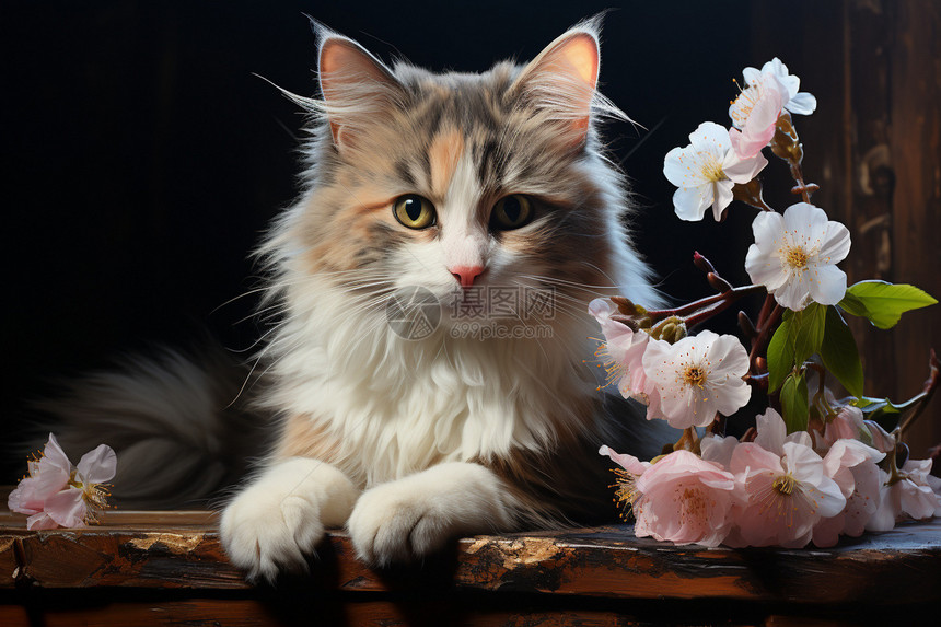 趴在桌上的猫咪和鲜花图片