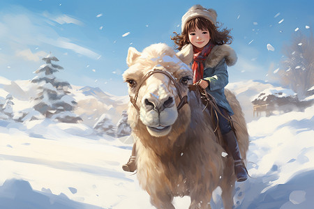 骆驼骑马雪地上骑着骆驼的少女插画