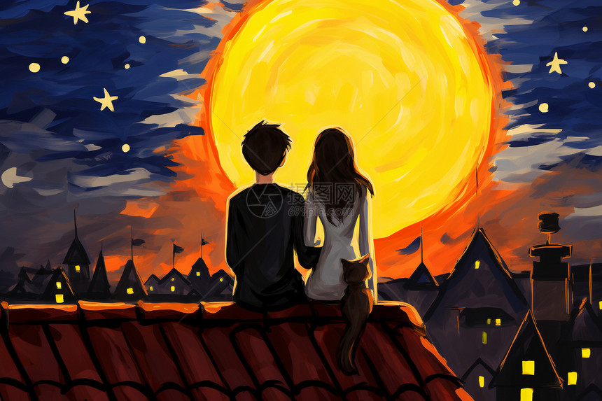 在看月亮的年轻夫妇油画图片