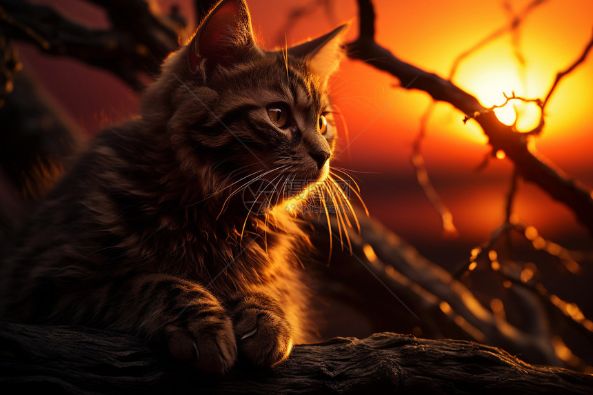 趴在树枝上欣赏日落风景的猫咪图片