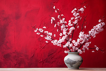 红墙背景上的梅花图片