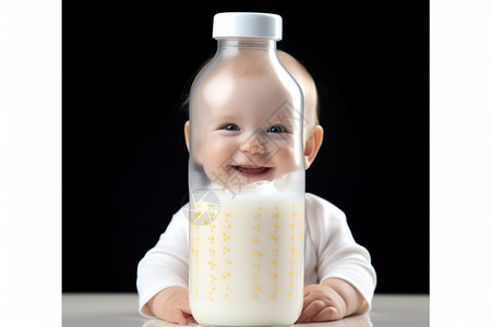 装着牛奶的奶瓶婴儿抱着大大的奶瓶背景