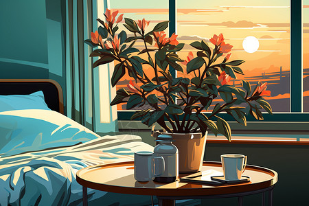 茶几桌椅组合病房内的绿植插画