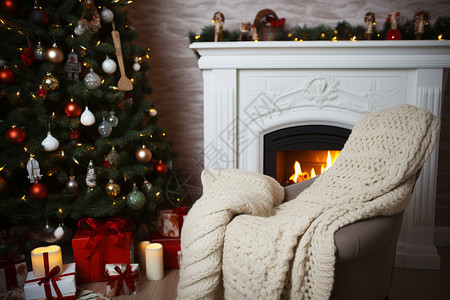 圣诞树与炉火旁的温暖背景图片