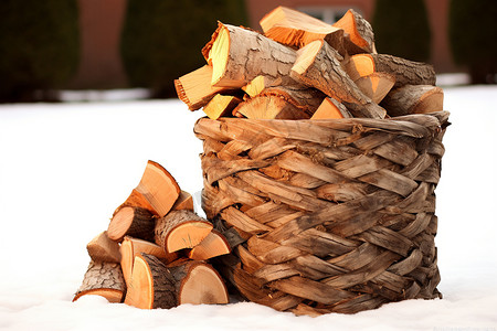 雪地中一堆木柴旁边摆放着一筐木材背景图片