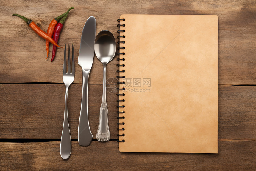 木桌上的餐具和笔记本图片