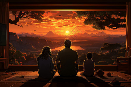夕阳映照窗前温馨的家庭背景图片