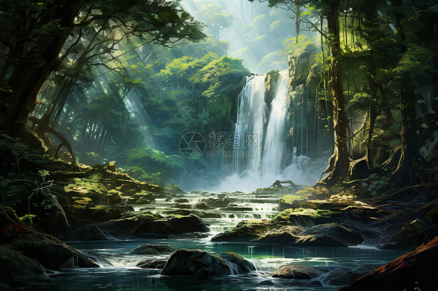 瀑布与树林的美景图片