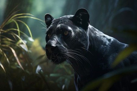 黑豹在丛林中凝视猎物高清图片