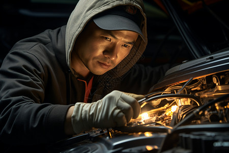 汽车工艺修理车辆细节的技师在车库中工作背景