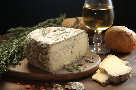 木板上的奶酪和迷迭香背景图片