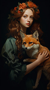 抱着狐狸的女孩一个女人抱着一只狐狸插画