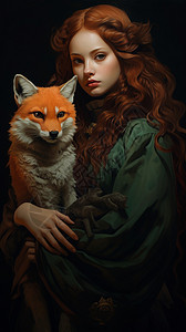 抱着狐狸的女孩一个女人怀里抱着一只狐狸插画