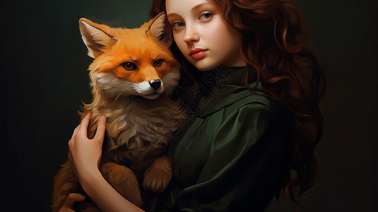 抱着狐狸的女孩女人抱着狐狸插画