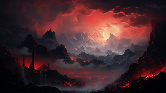 红色日出唯美的山脉插画