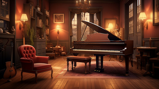 钢琴房间带钢琴的房间插画
