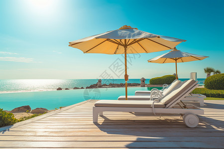 夏日雨伞遮阳伞夏日海边的躺椅背景