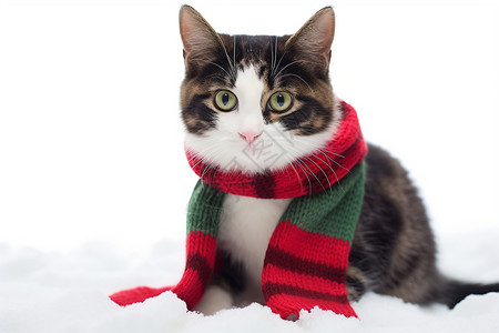 圣诞猫咪可爱猫咪戴围巾坐在雪地上背景