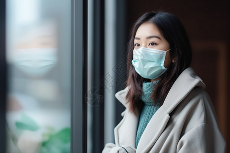 戴口罩望向窗外的女子背景图片