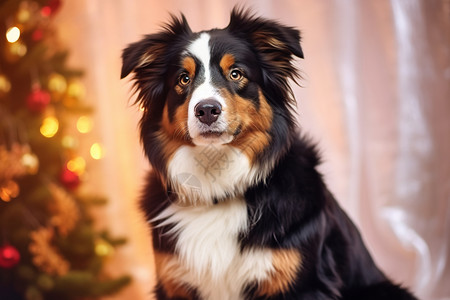 圣诞树前的狗狗图片