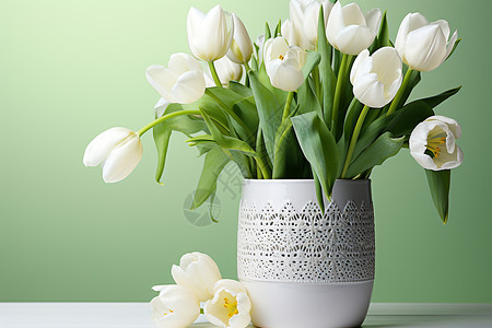 绿墙旁的白色花瓶背景图片