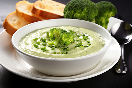 绿浓蔬汤配面包与勺子图片