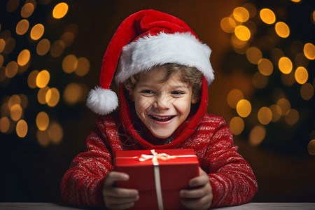 圣诞小男孩微笑着打开一个礼物盒背景