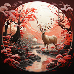 红树森林林中鹿群，红树绿林，满月高悬。插画