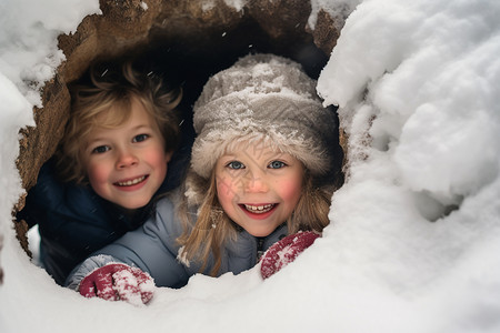 兄妹在雪地里玩耍图片