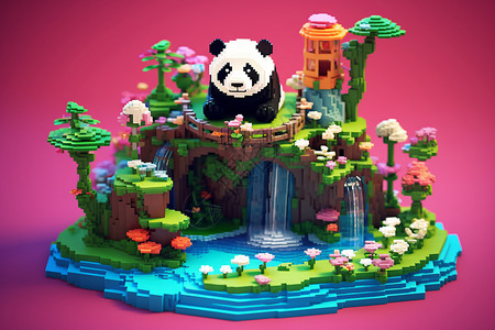 积木风景里的熊猫背景图片