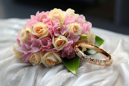 婚礼花束上的结婚戒指图片