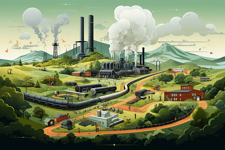 农业污染火力发电厂插画