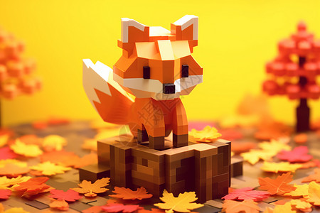 积木小狐狸在秋叶堆里图片