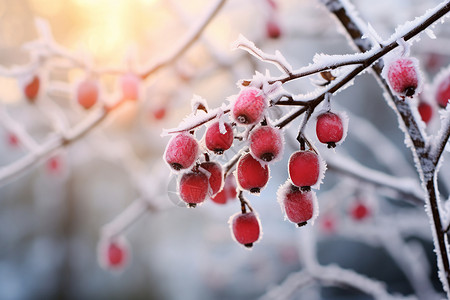 果实冬季阳光下树枝上的果实背景